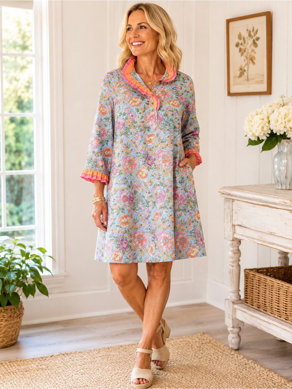 JODIFL Pastel Blue Floral Dress with Pink & Orange Ruffle Trim